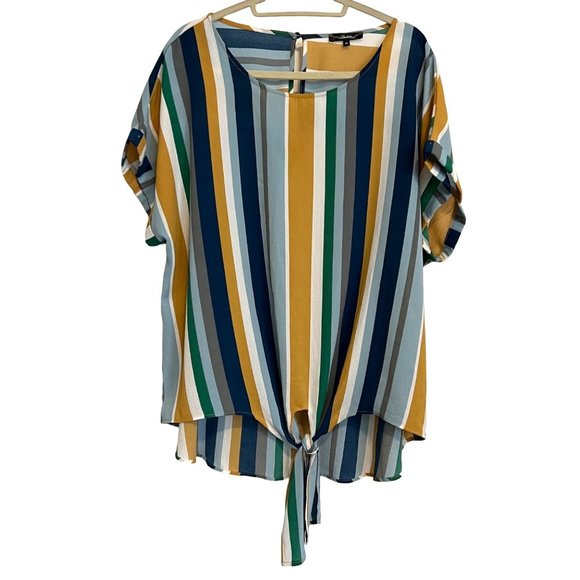 Andree by Unit Blouse Womens Multicolor Striped Tie Front Short Sleeve Size 2XL - Picture 3 of 11